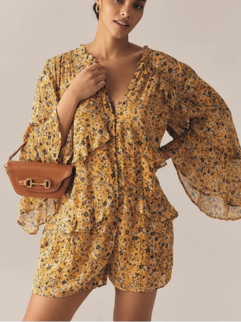 NWT Size LP - Anthropologie V-Neck Bell Sleeve Yellow floral Ruffle Swing Romper